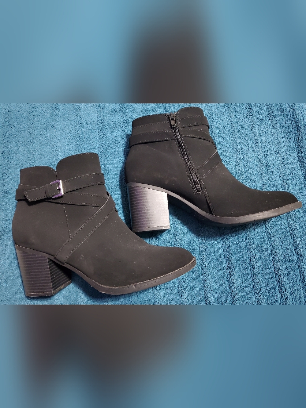me too Black Suede Ankle Booties with Block Heel and Buckle Strap